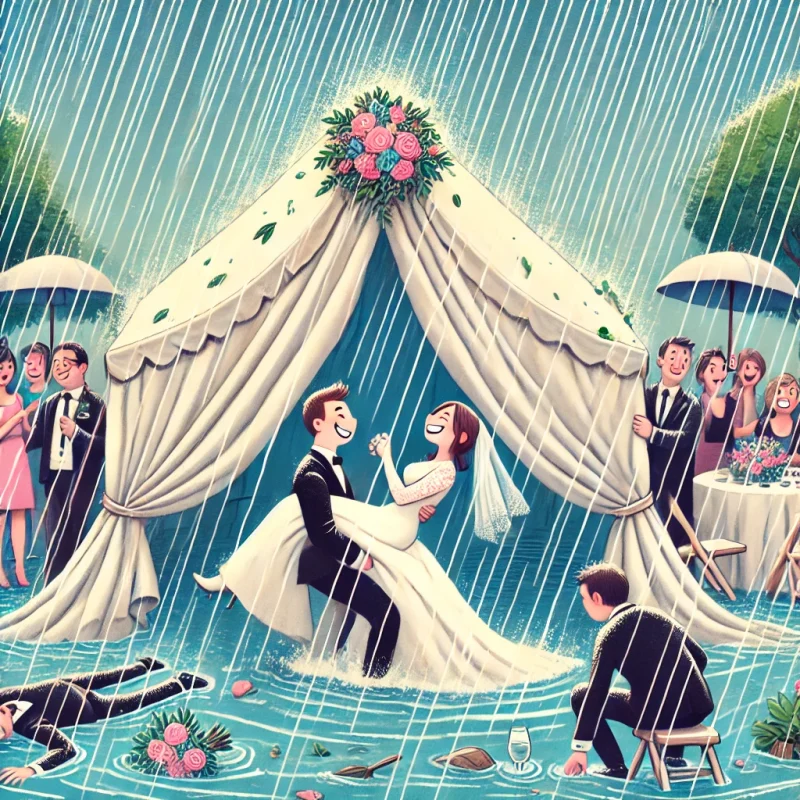 DALL·E 2025 01 07 09.56.12 A whimsical and modern illustration of a wedding scene under a rainstorm. The setting features a tent collapsing under heavy rain with a bride and gr