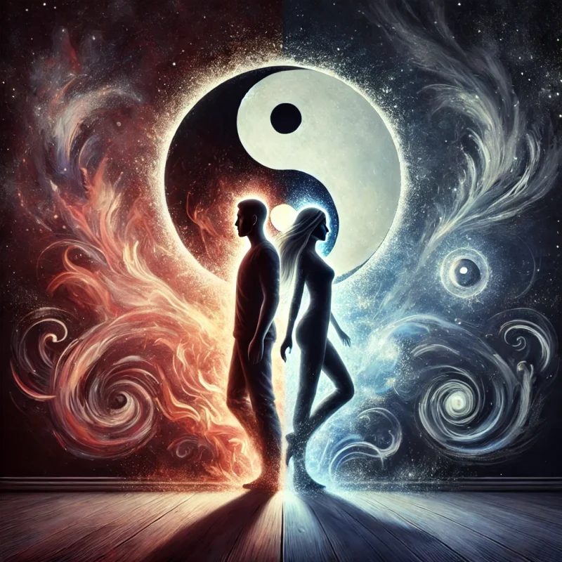 DALL·E 2025 01 12 19.29.08 A modern artistic representation of yin and yang in relationships a couple standing back to back one glowing with fiery energy representing yang a