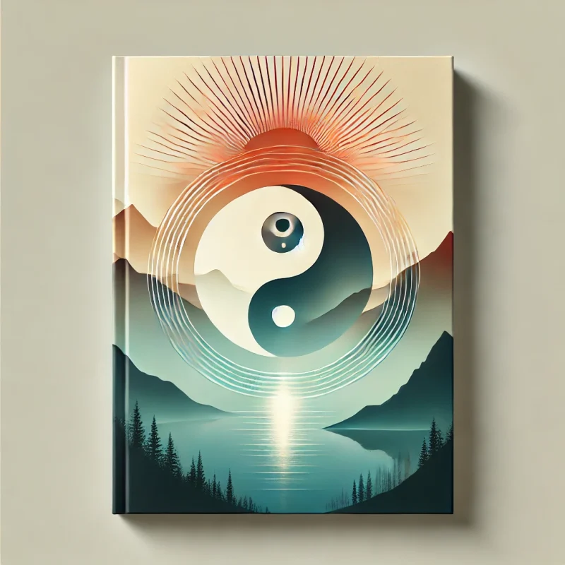 DALL·E 2025 01 12 19.43.44 A serene and modern cover design featuring a mountain landscape with the sun rising above symbolizing Yang and a calm lake below symbolizing Yin.