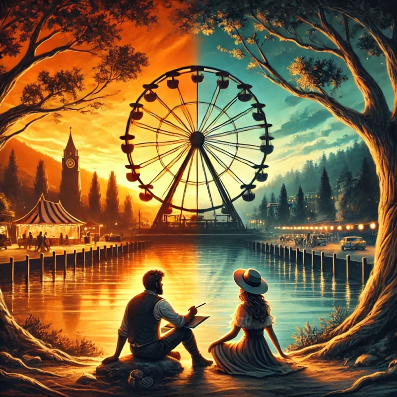 DALL·E 2025 01 13 11.01.30 A serene and picturesque small town summer evening scene featuring a Ferris wheel glowing softly under a golden sunset with a couple sitting by a tr