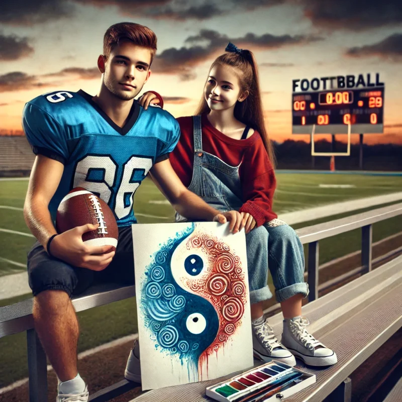 DALL·E 2025 01 13 11.33.10 A high school football player in a blue jersey and his younger sister wearing casual clothes sitting together in the bleachers after a game. The foo