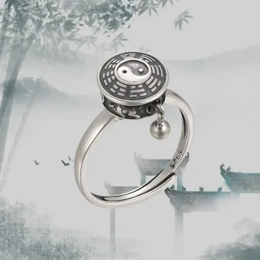 Vintage Silver Yin Yang Rotating Prayer Wheel Ring – Feng Shui Luck Jewelry for Men Women